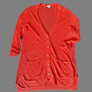 J. Jill Linen Blend Long‎ Cardigan Tunic Sweater Button Size M Orange Open Knit